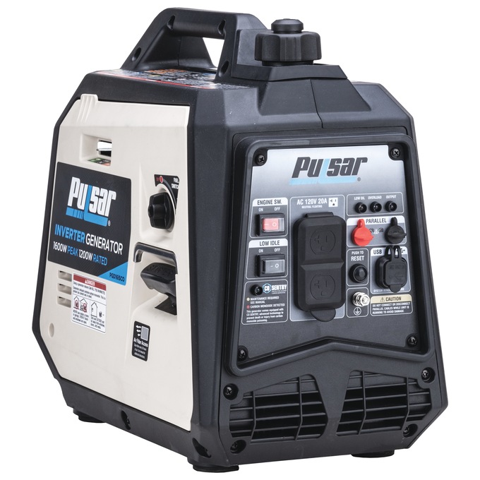 Pulsar 1600W/1200W Portable Gas Inverter Generator, Recoil Start with CO Alert, Black, large