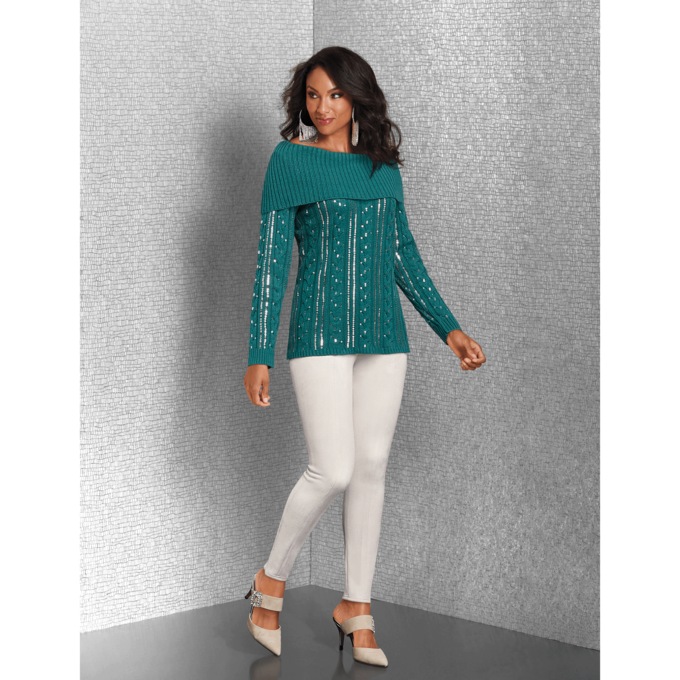 Suzie Sequin Cable Sweater, , large