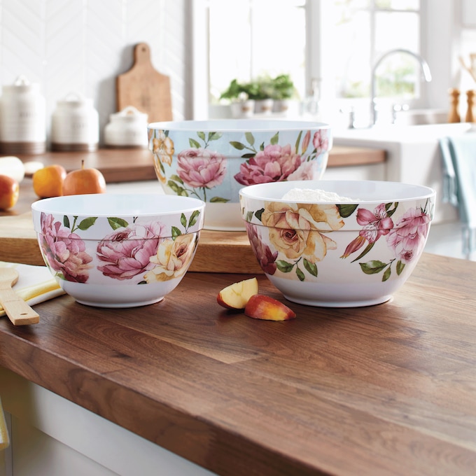 Set of 3 Floral Melamine Mixing Bowls, , large