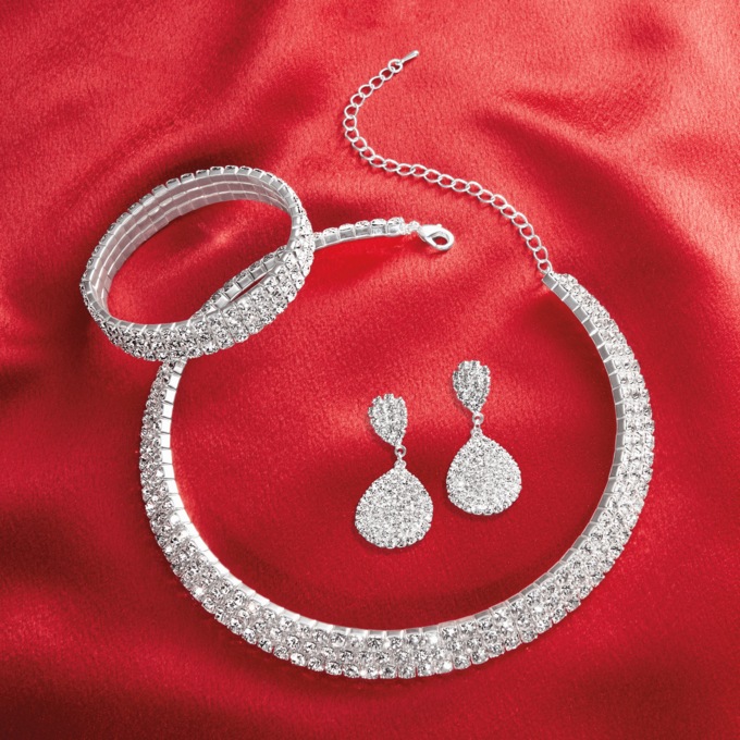 Silvertone Crystal Jewelry Set, , large