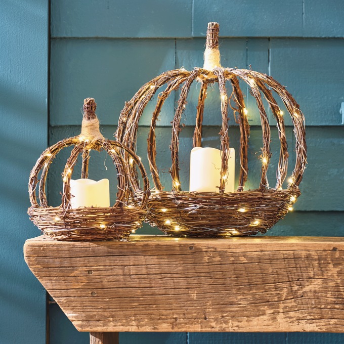 Set of 2 Lit Woven Pumpkins, , large