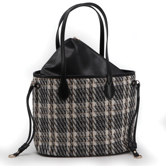 Plaid Tote with Pouch, Black White Plaid, large
