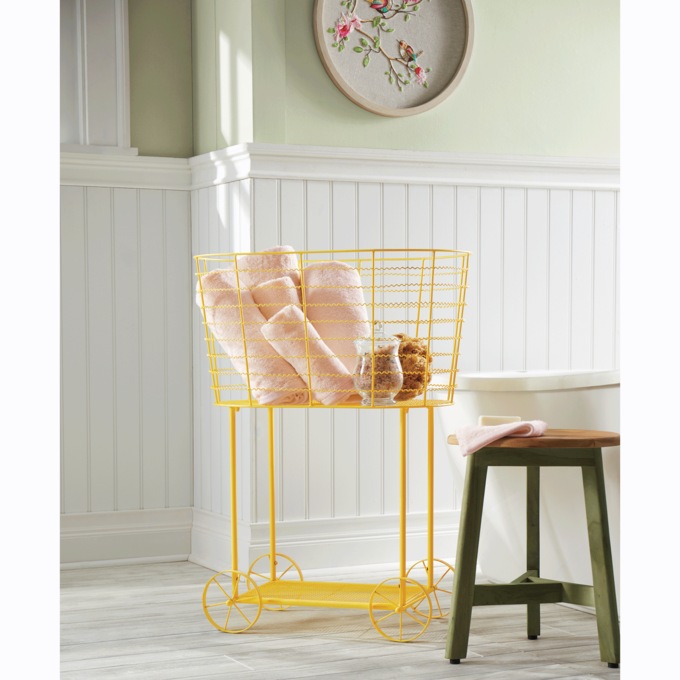 Vintage Rolling Laundry Cart, Yellow, large