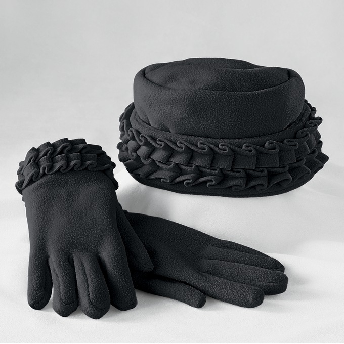 Ruffle-Trim Glove and Hat Set, , large