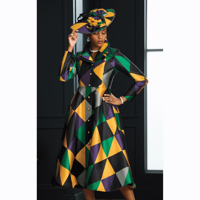 Quanda Double Collar Fit-and-Flare Button-Front Dress and Hat, , large