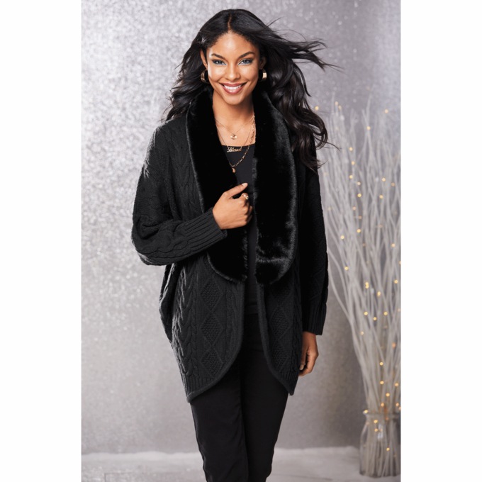 Diana Faux Fur-Trimmed Cardigan, , large