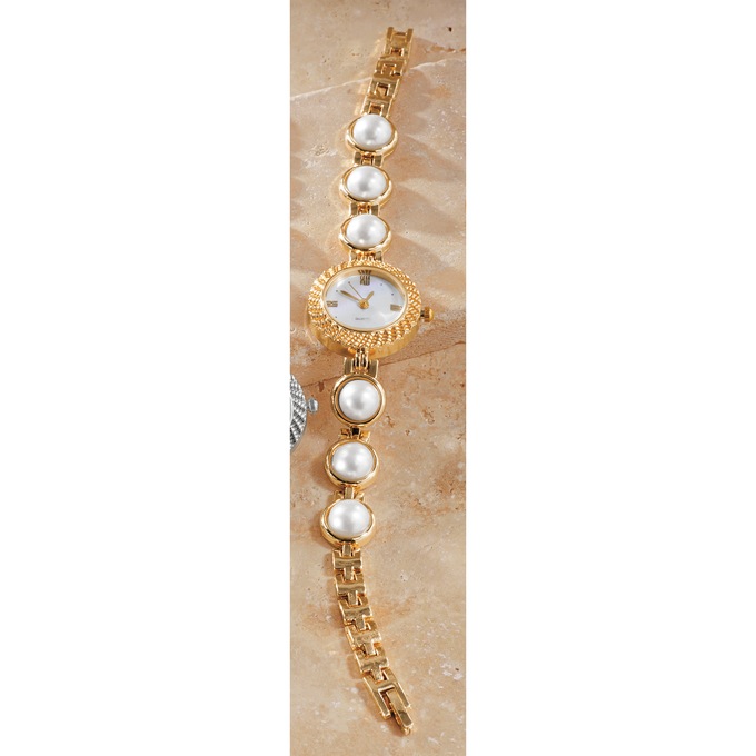 Link/Faux-Pearl Watch, Goldtone, large