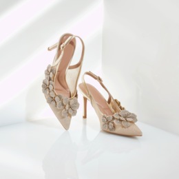 3D Floral Slingback with Rhinestone Flower Appliqu&eacute;s, , large