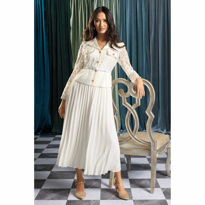 Kassidy Lace and Pleated Fit-and-Flare Dress, , large