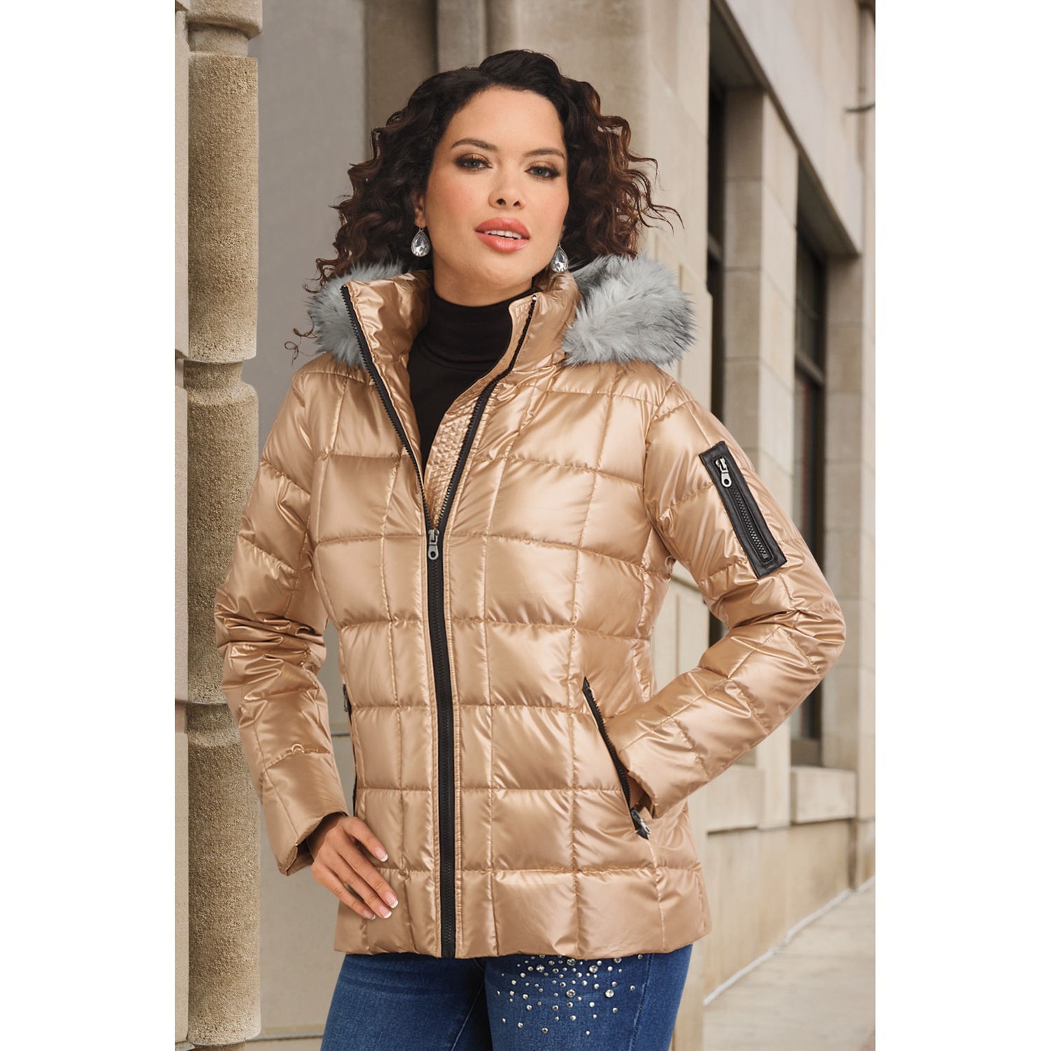小物 mia hat&accssory fur hood Mia Shiny Puffer Jacket with Faux-Fur Hood | Montgomery Ward