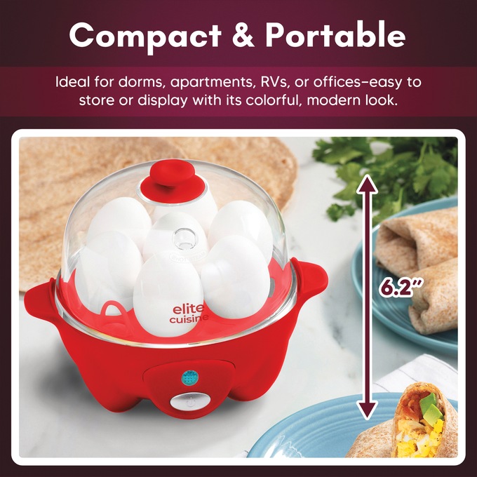 Elite Gourmet 7-Egg Cooker with Timer, Red, large