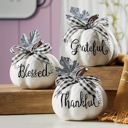 Set of 3 White Pumpkins with Plaid Bows, , large