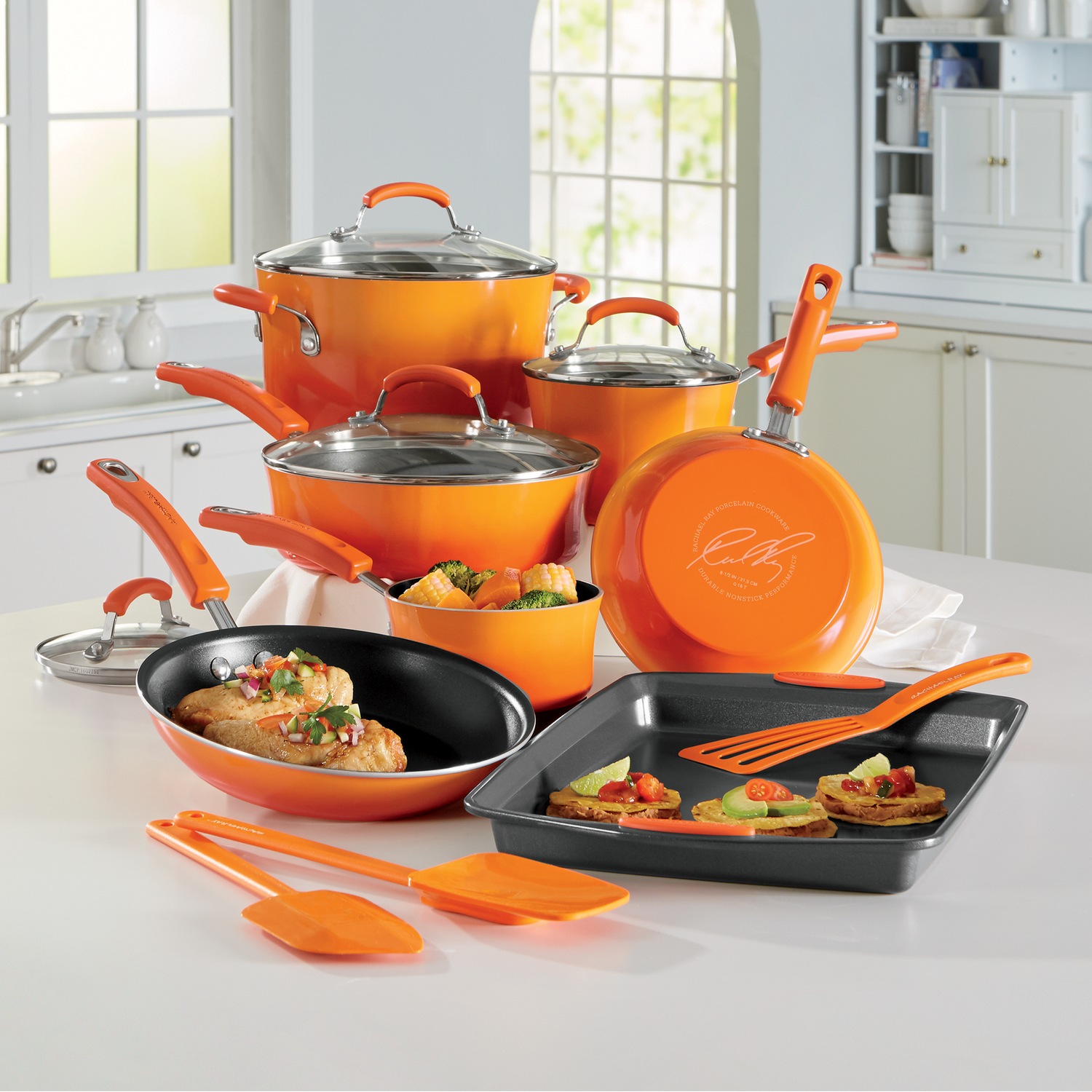 Rachael Ray Classic Brights Hard Enamel Nonstick 14-Piece Cookware Set,  Orange Gradient