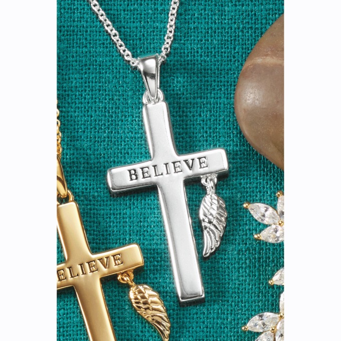 Believe Cross with Wing Pendant , Sterling Silver, large