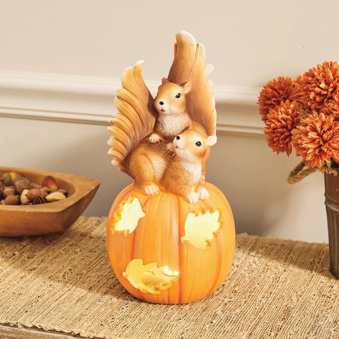 Lit Harvest Squirrels on Pumpkin, , large