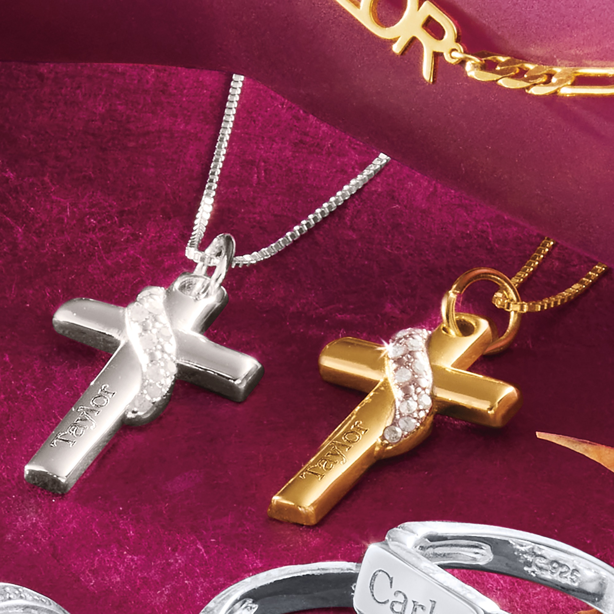 Sterling Name Diamond Banded Cross Pendant, , large