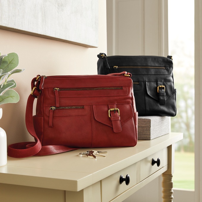 Leather Multi Pocket Satchel, , large