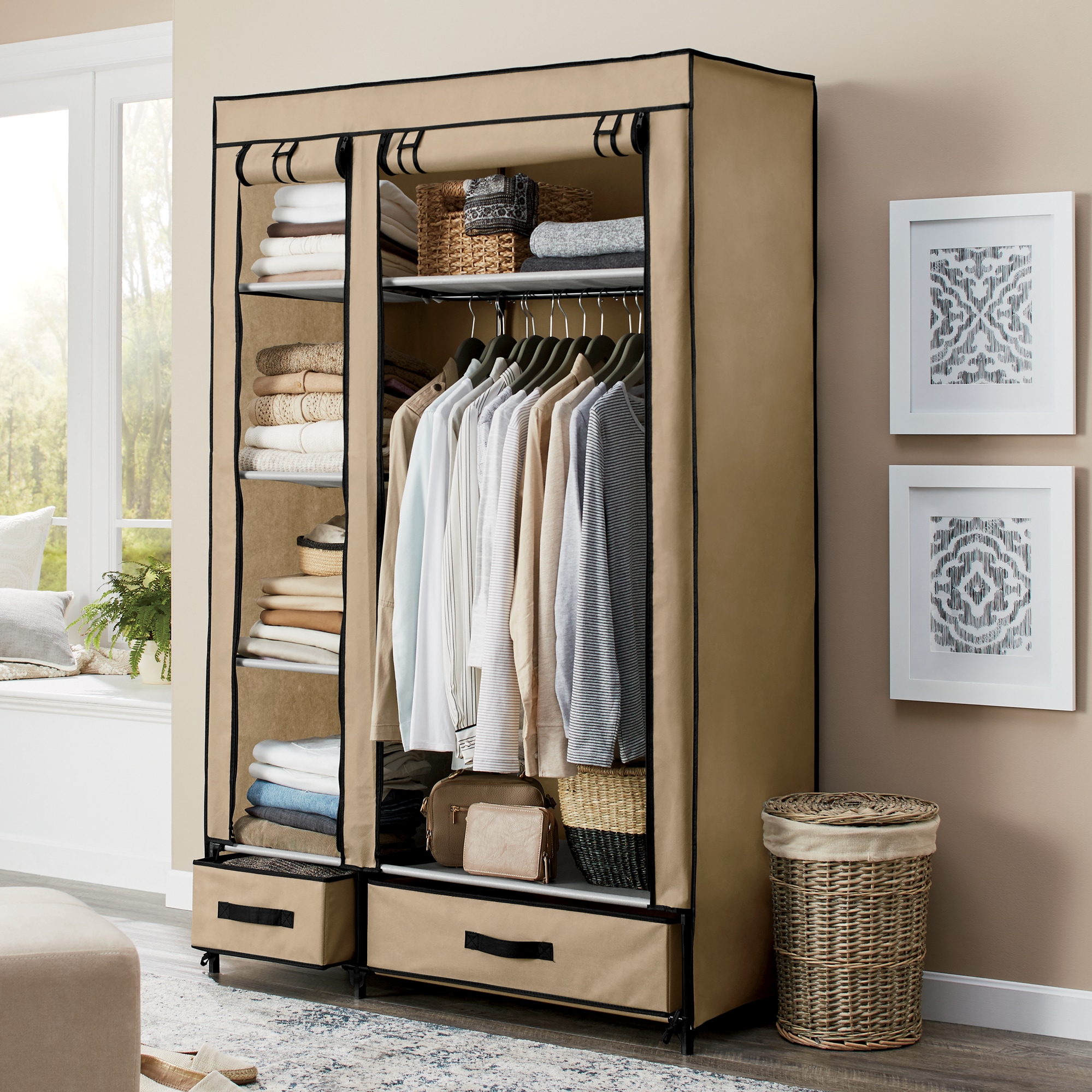 Khaki Portable Closet Wardrobe with Shoe Organizer Clothes Shoes Zipper Storage 