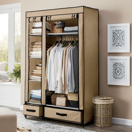 Fabric Storage Wardrobe Closet with Drawers and Hanging Bar, , large