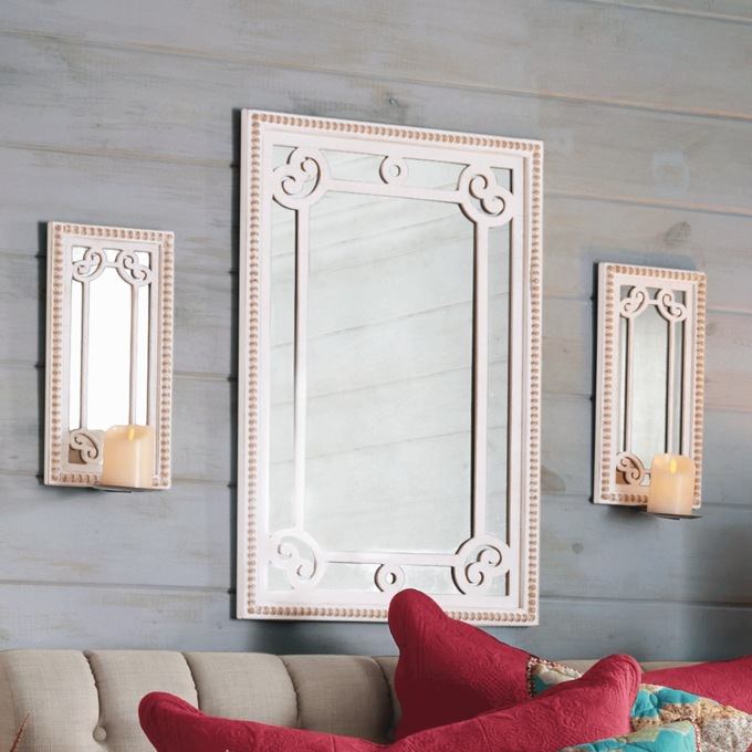 White Bead Mirror and Sconce Set, , large
