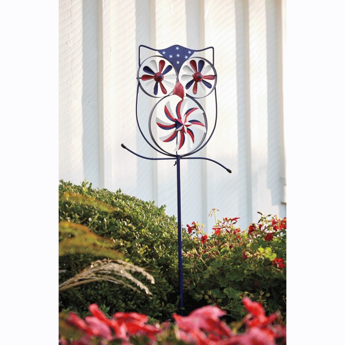 Americana Owl Wind Spinner Yard Stake, , large