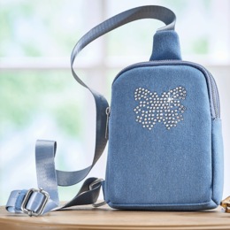 Studded Butterfly Distressed Denim Sling Bag with Adjustable Strap, , large