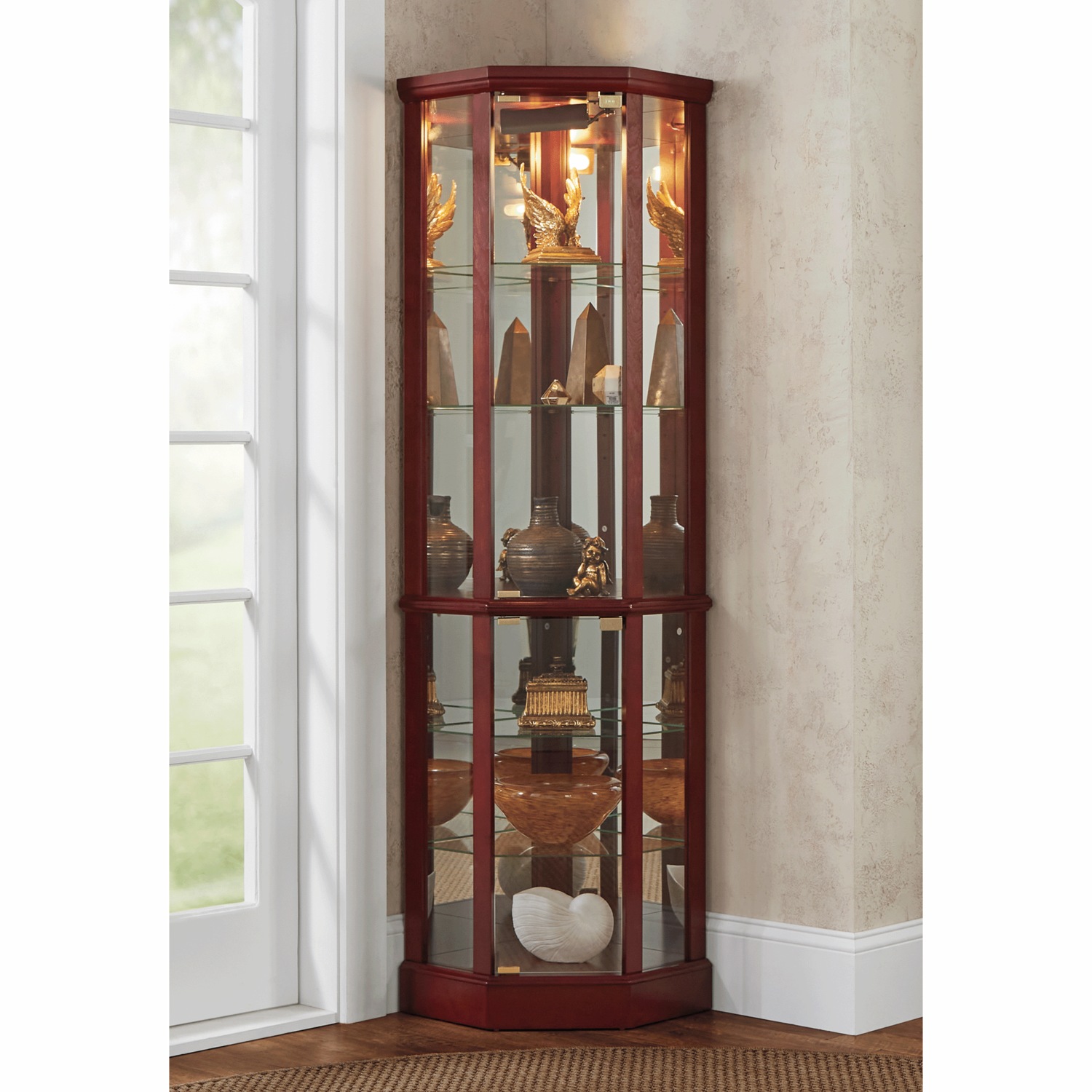 Lighted Corner Curio Display Cabinet with Glass Shelves