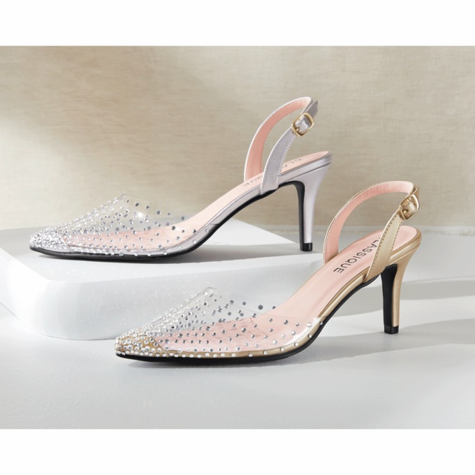 Classique Rhinestone Vinyl Halter Pump with Clear Lucite Heel and Adjustable Strap, , large