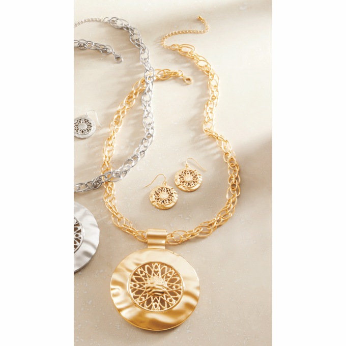 Large Medallion Necklace & Earrings Set, , large