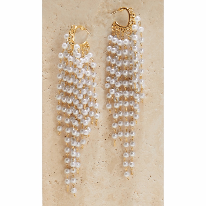 Faux-Pearl Tassel Hoops, , large
