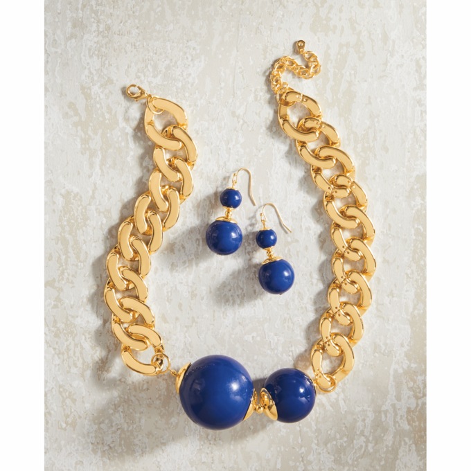 Ball/Link Goldtone Necklace & Earring Set, , large