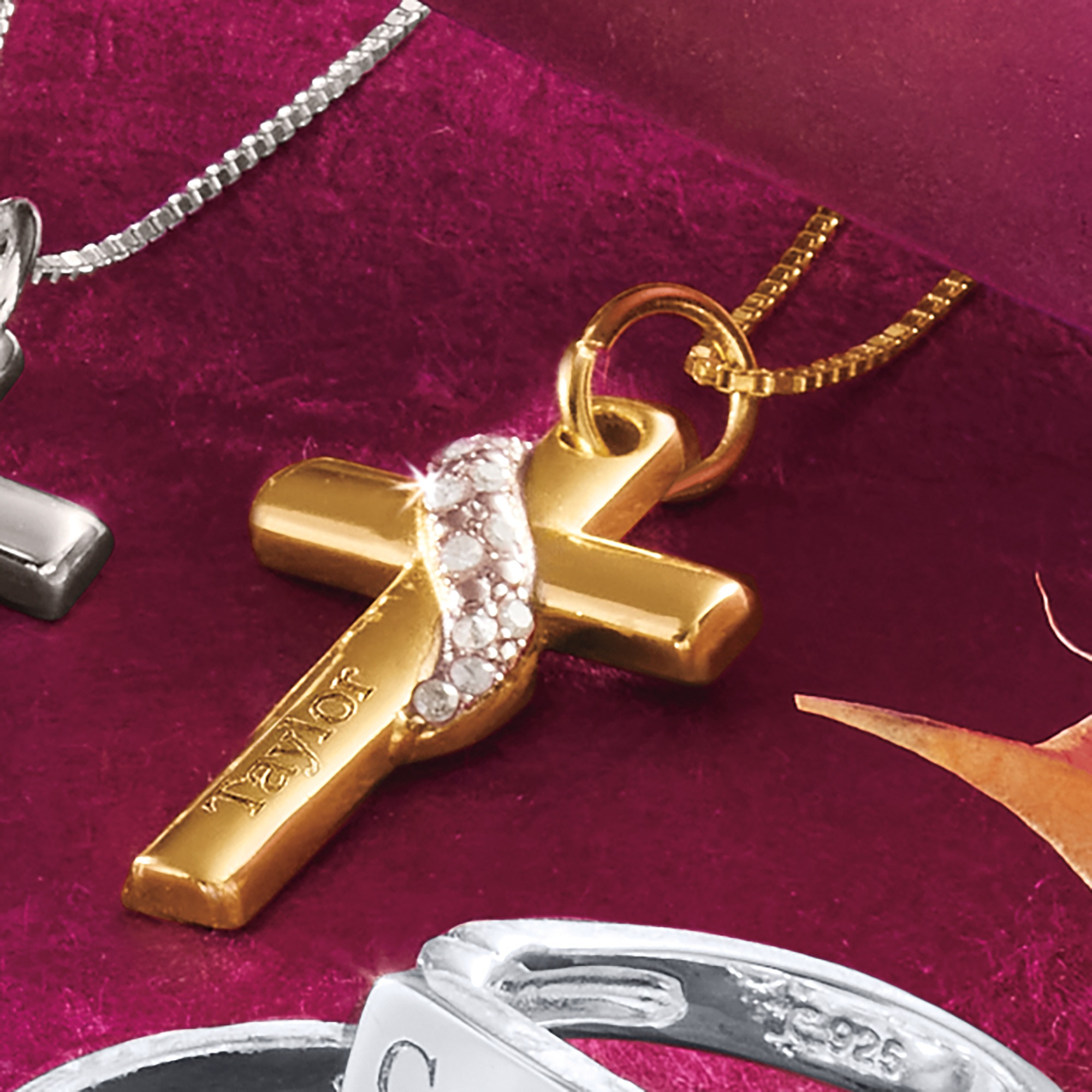 Sterling Name Diamond Banded Cross Pendant, Gold over Sterling Silver, large