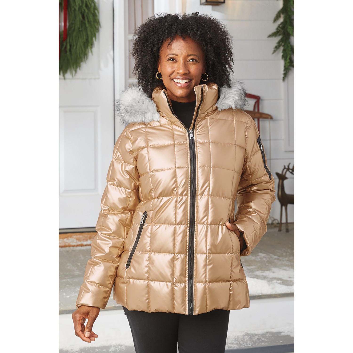 小物 mia hat&accssory fur hood Mia Shiny Puffer Jacket with Faux-Fur Hood | Montgomery Ward