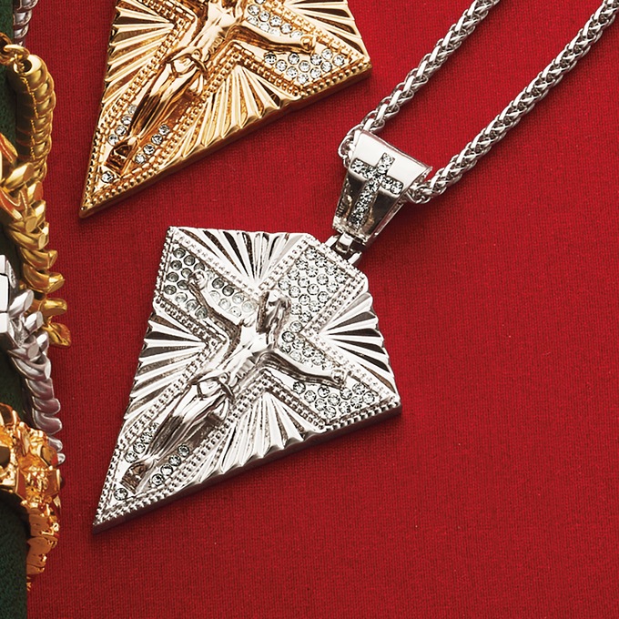 Men's Crystal Crucifix Shield Pendant, Silvertone, large