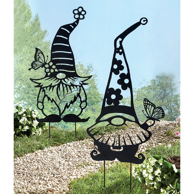 Set of 2 Metal Gnome Garden Stakes, , large