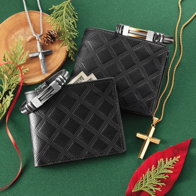 Men's 4-Piece Cross Pendant, Bracelet & Wallet Set, , large