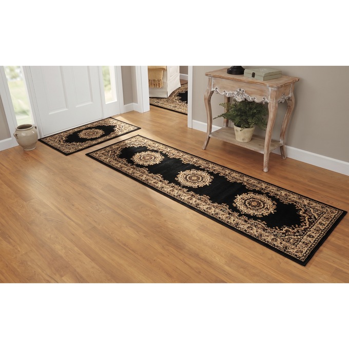 4-Piece Plush Floral Kirman Rug Set with Runner and Mats, , large