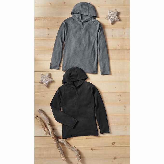 2-Pack Thermal Henley Hoodies with Long Sleeves in Waffle Knit, , large