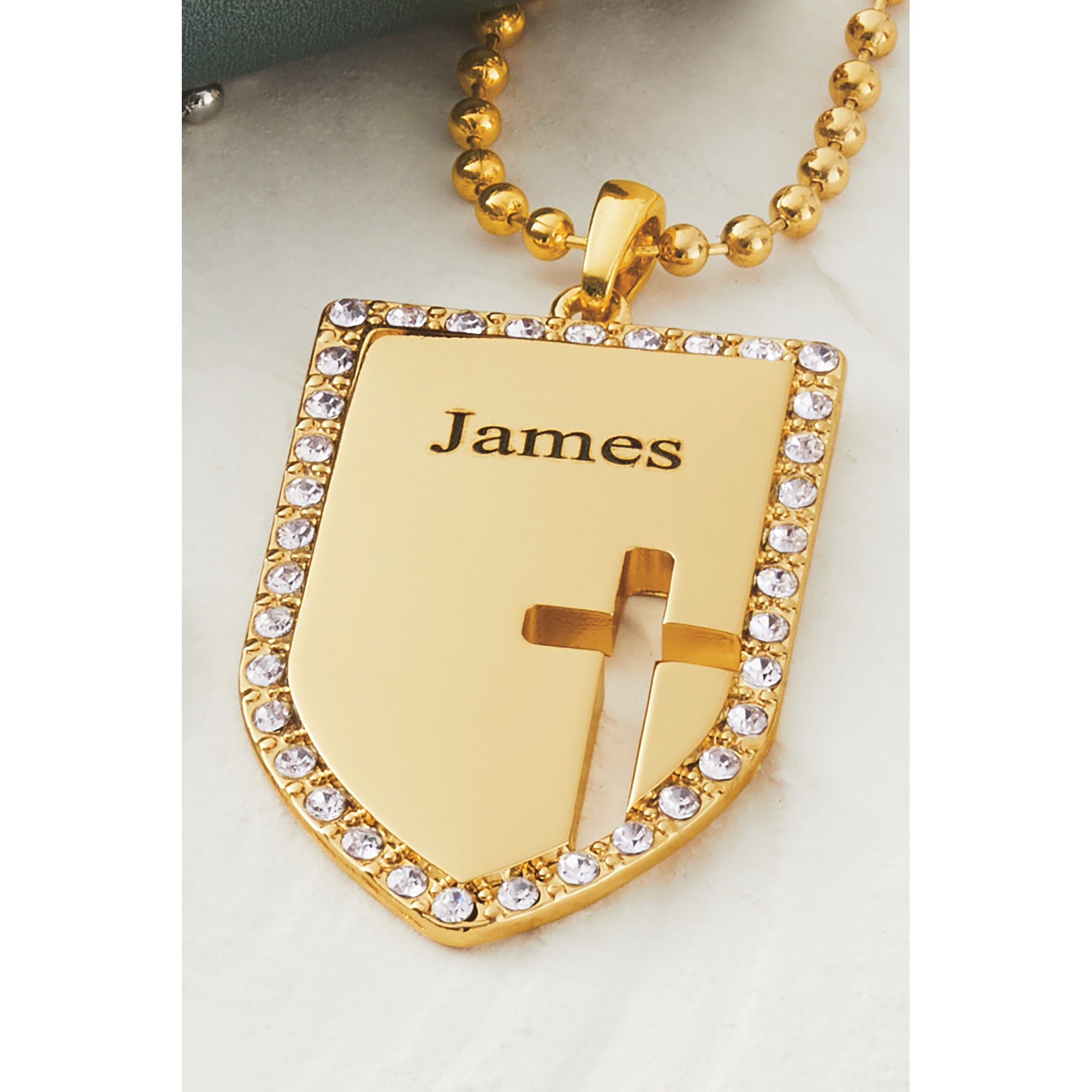 Personalized Name Shield/Cross Crystal Pendant, Goldtone, large