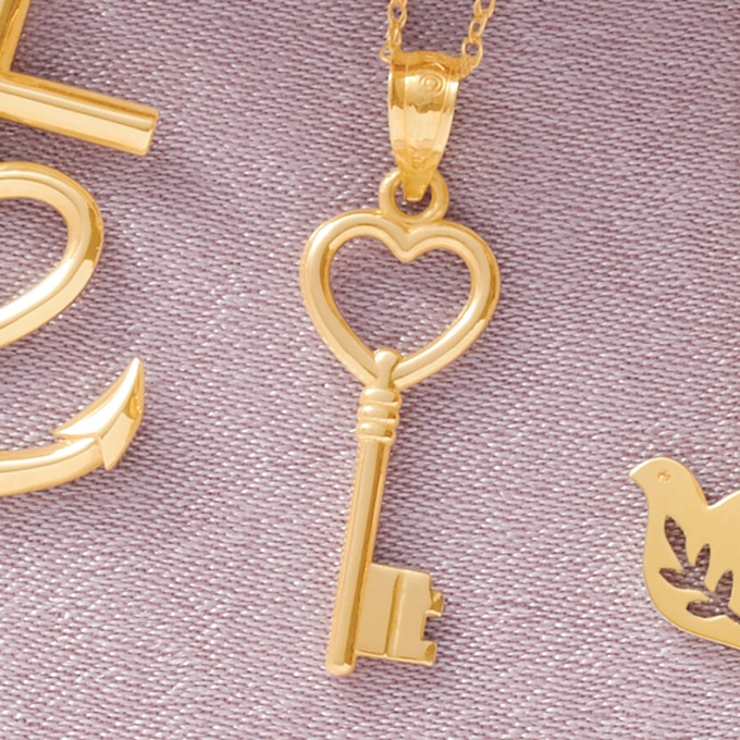 10K Gold Key Heart Pendant, , large