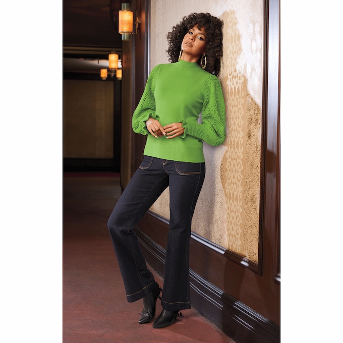 Nora Ribbed Women's Sweater with Pointelle Balloon Sleeves and Mockneck, , large