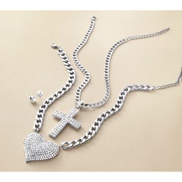 Crystal Pave Shape Silvertone Necklace/Earring Set, , large