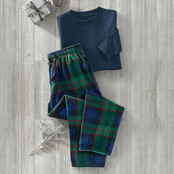 Men&#39;s Fleece PJ Set, Navy Green Plaid, large