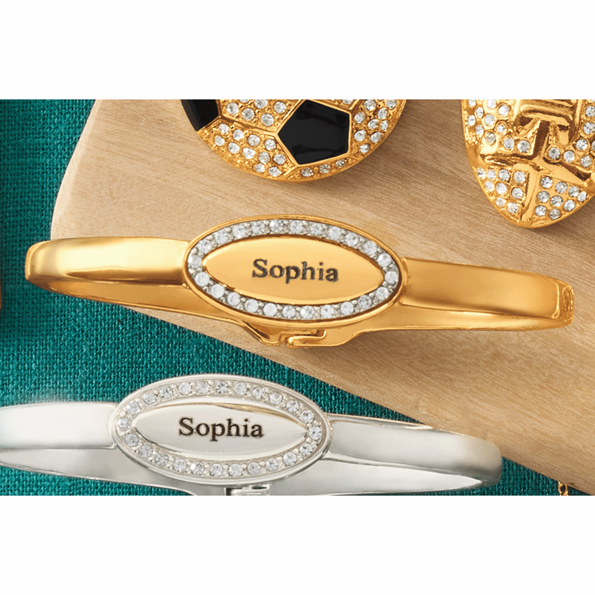 Personalized Name Oval/Crystal Hinge Bangle, Goldtone, large