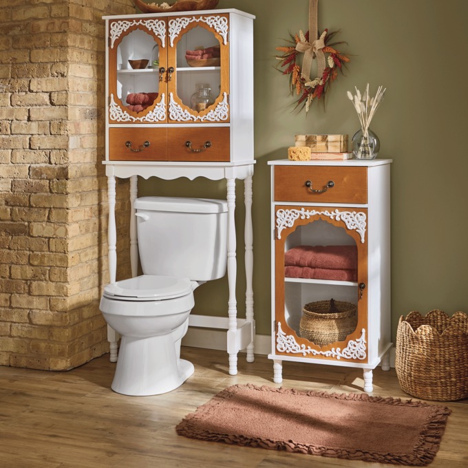 Savannah Glass-Front Towel Cabinet with Drawer, Weathered White, large