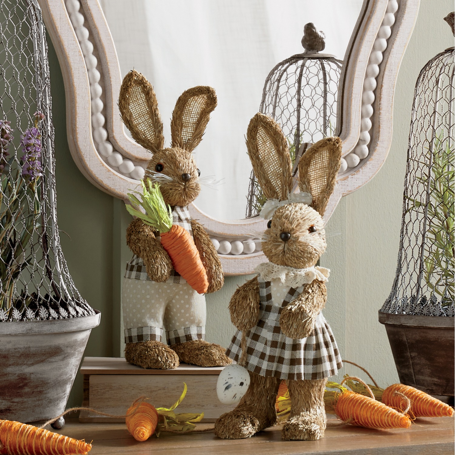 Set of 2 Buffalo Check Sisal Bunnies Montgomery Ward