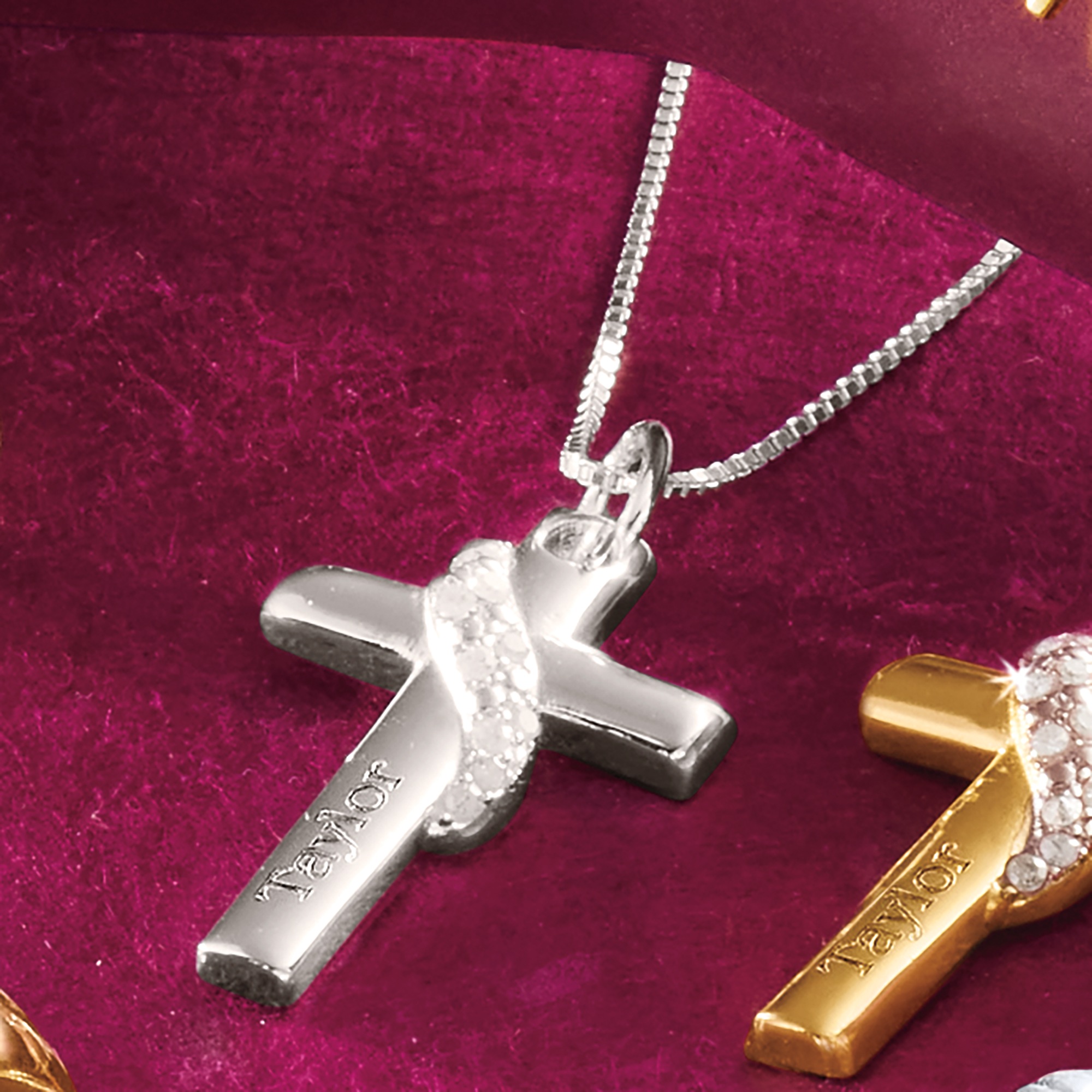 Sterling Name Diamond Banded Cross Pendant, Sterling Silver, large