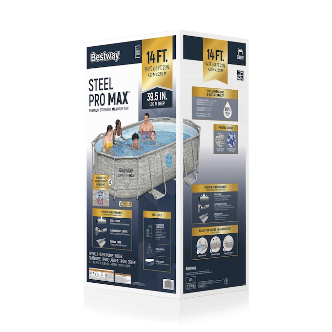 Bestway Power Steel Swim Vista Series 14' Above Ground Outdoor Swimming Pool Set with Filter Pump, Ladder, and Pool Cover, , large