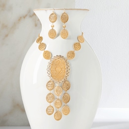 Metallic Lace Ovals Necklace &amp; Earring Set, , large