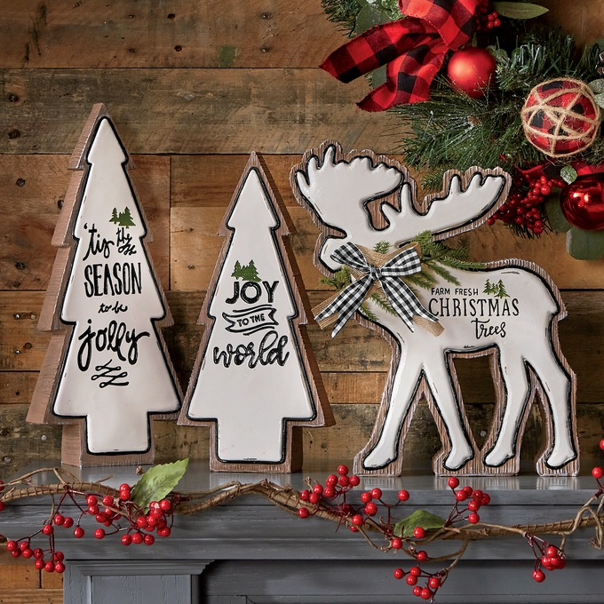 Set of 3 Tree and Moose Enamel and Resin Decor, , large